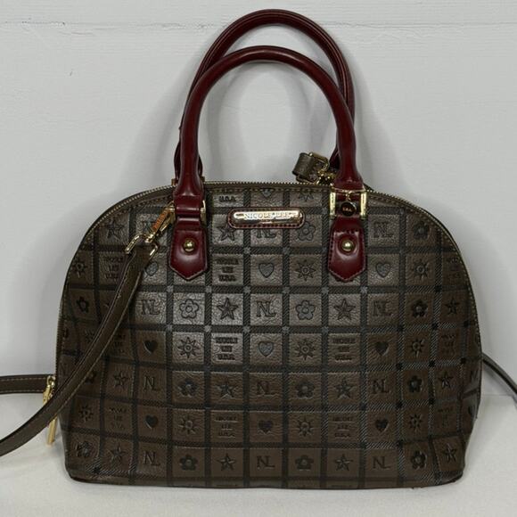 Nicole Lee Monogrammed Dome Satchel Handbag In Brown And Burgundy Red main image 0